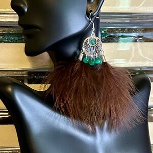 Handmade Brown Feather Boho Sterling Silver Earrings with Emerald Cat Eye Stones